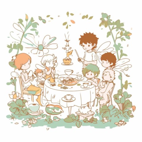 Illustration of a family having dinner at a table in the garden
