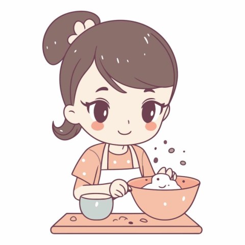 Cute little girl baking cookies in cartoon style.