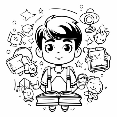 Vector Illustration of a Kid Reading a Book. Coloring Page