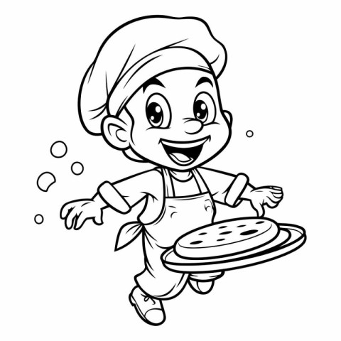 Black and White Cartoon Illustration of Cute Little Boy Chef Cha