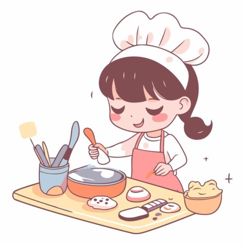 Illustration of a cute little chef girl cooking in the kitchen.