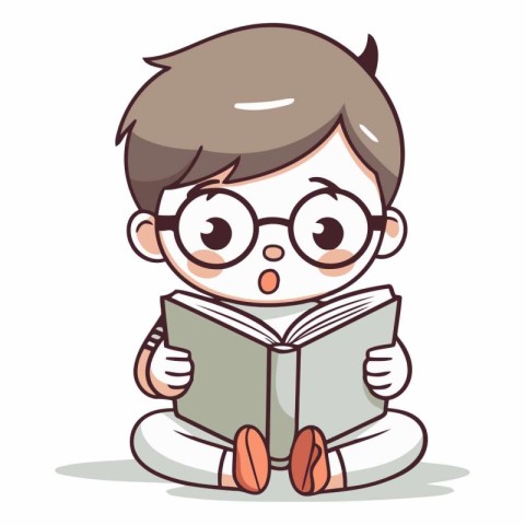 Boy reading book character cartoon vector illustration. Cute lit