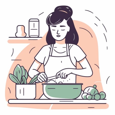 Woman cooking healthy food in the kitchen in flat style