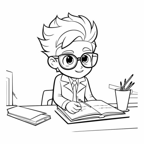 Black and White Cartoon Illustration of Boy Student Doing Homewo