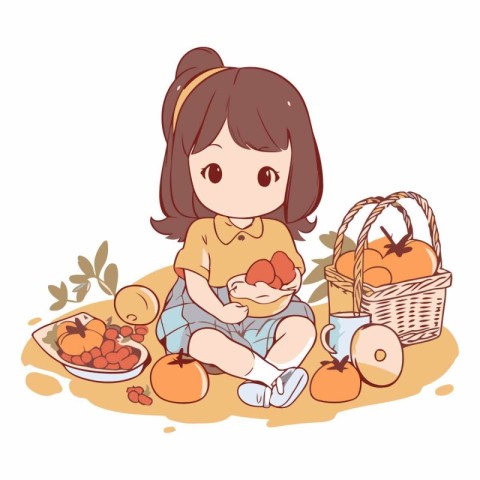 Cute little girl sitting on the ground with fruit basket.