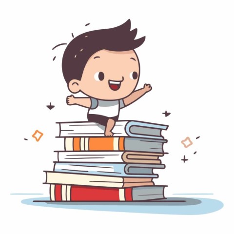 Cute little boy climbing on pile of books.