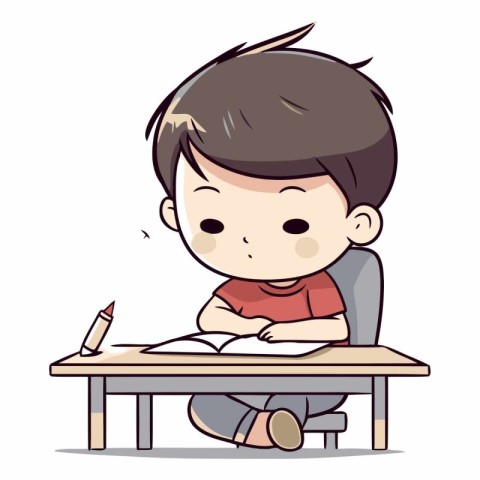 Boy writing in a notebook at the table. Vector cartoon illustrat