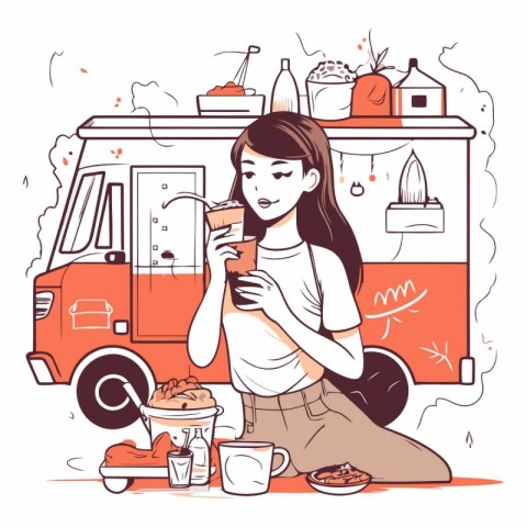 Woman drinking coffee in front of food truck. Hand drawn vector