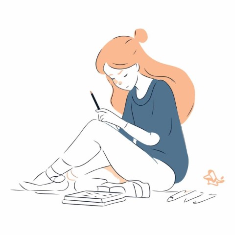 Vector illustration of a girl sitting on the floor and writing i