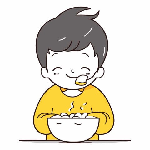 Cute little boy eating a bowl of porridge.