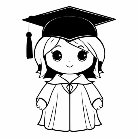 Cute little girl in graduation cap and gown. Black and white vec