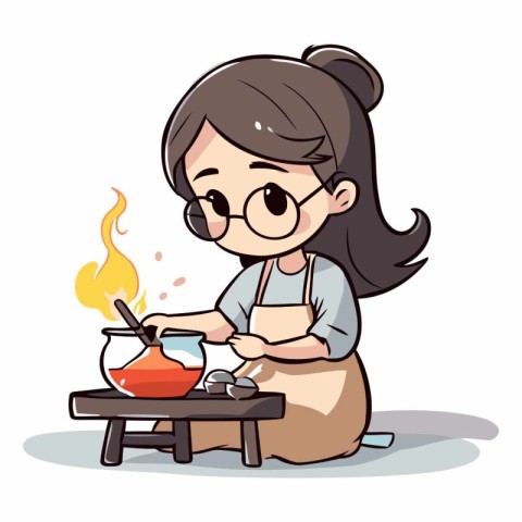 Woman cooking in pottery on kitchen table. cartoon vector illust