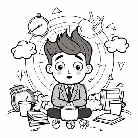 Cartoon of a businessman sitting at the office desk with a lot o