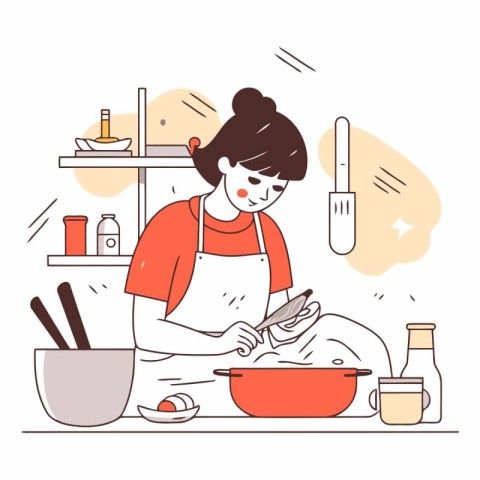 Young woman cooking in the kitchen in cartoon style.