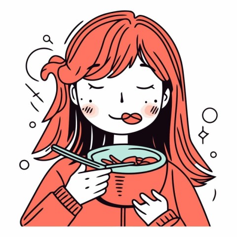 Illustration of a cute woman eating a bowl of cereals.