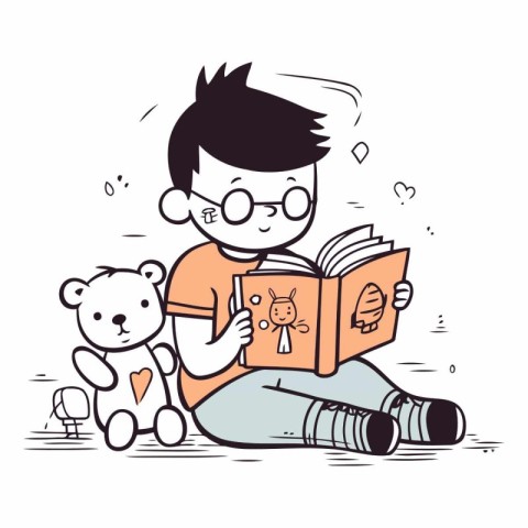 Boy reading a book with a teddy bear.