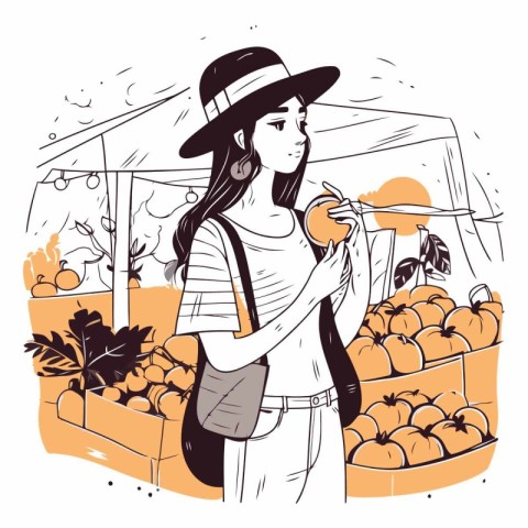 Young woman shopping at the fruit market. Hand drawn vector illu