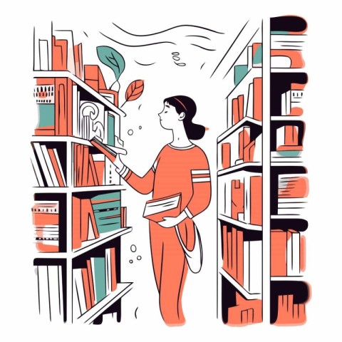 Woman choosing books in library in line art style.