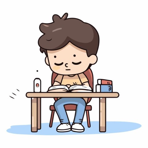Boy Sitting at Table Reading Book - Cute Cartoon Vector Illustra