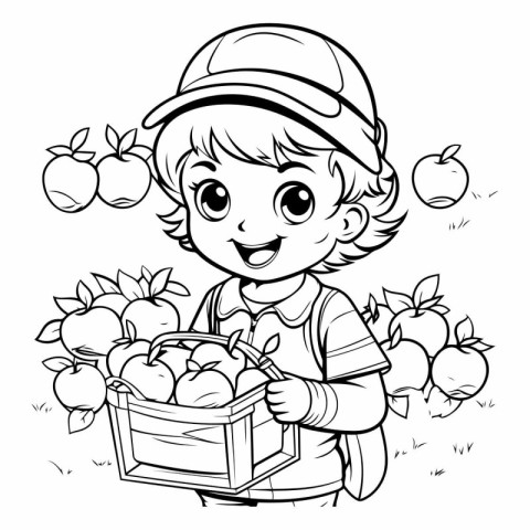 Black and White Cartoon Illustration of Little Boy Holding a Bas