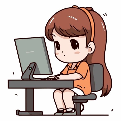 Illustration of a Cute Girl Using a Computer While Sitting on a