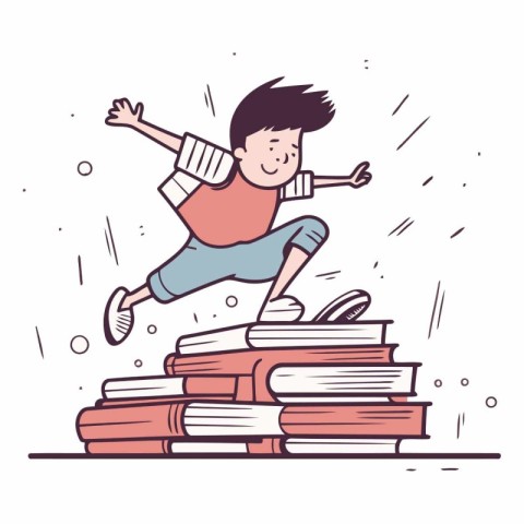 Boy jumping on pile of books in cartoon style.