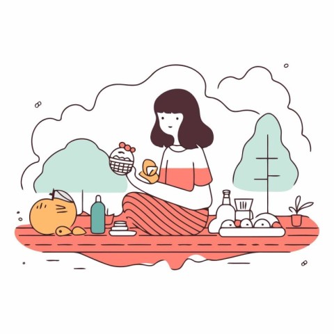 Vector illustration of a girl on a picnic in the park with food.