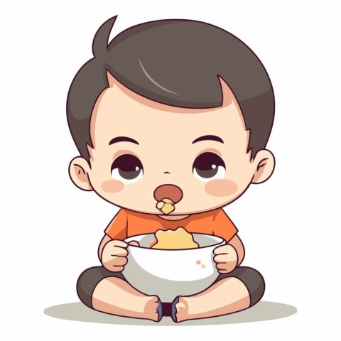 Cute little baby boy sitting with bowl of food.