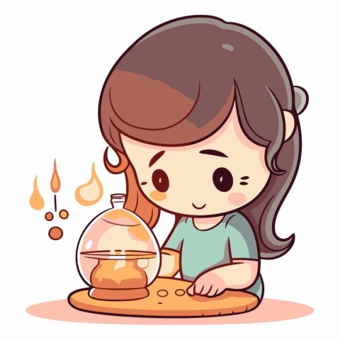 Cute little girl playing with oil lamp cartoon vector illustrati