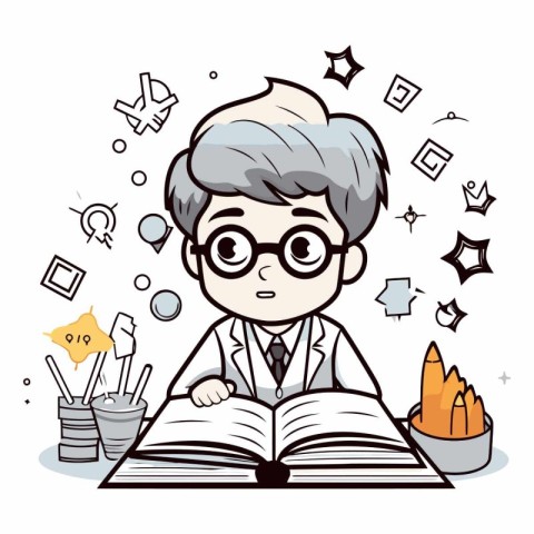 Vector illustration of a boy in glasses reading a book. Educatio