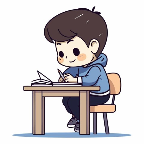 Cute little boy writing in a notebook at his desk.