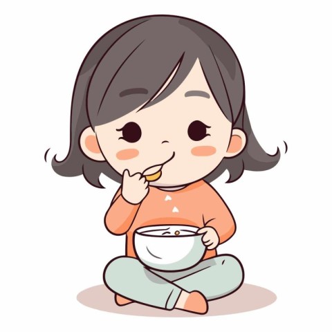 Illustration of a Cute Little Girl Eating a Bowl of Rice