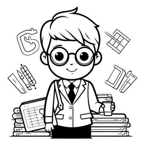 Black and White Cartoon Illustration of Student Boy with Books a