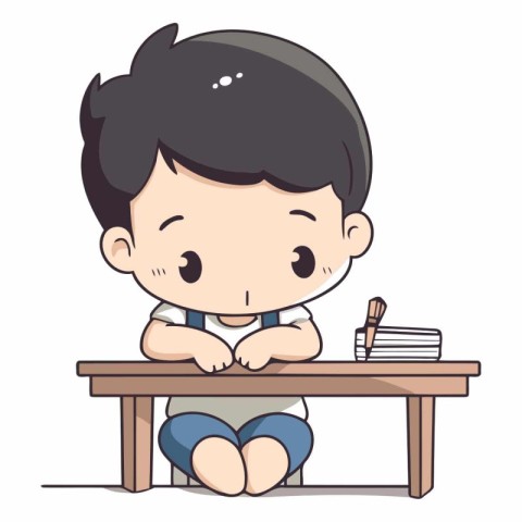 Cute boy sitting at the table and writing on paper cartoon vecto