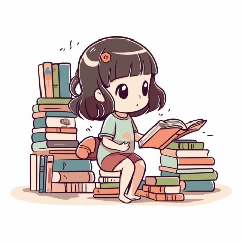 Cute little girl sitting on pile of books and reading a book