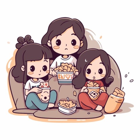 Illustration of a family eating popcorn on the couch at home.