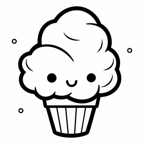 Cute Cupcake - Black and White Cartoon Illustration. Vector