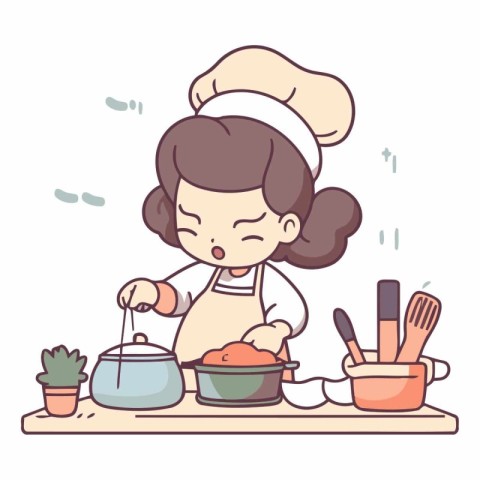 Illustration of a Cute Girl Cooking in the Kitchen Cartoon Style