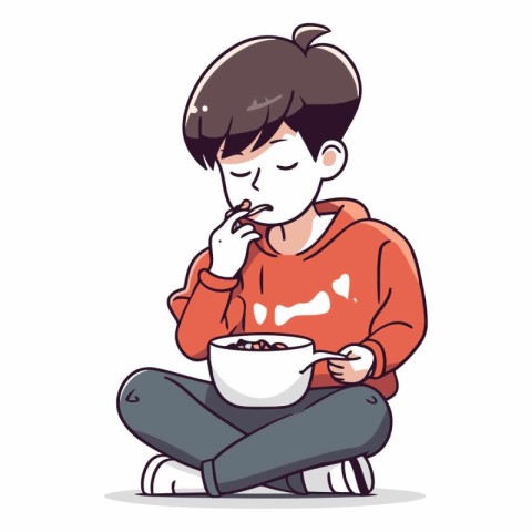 Illustration of a boy eating cereals with a bowl of milk