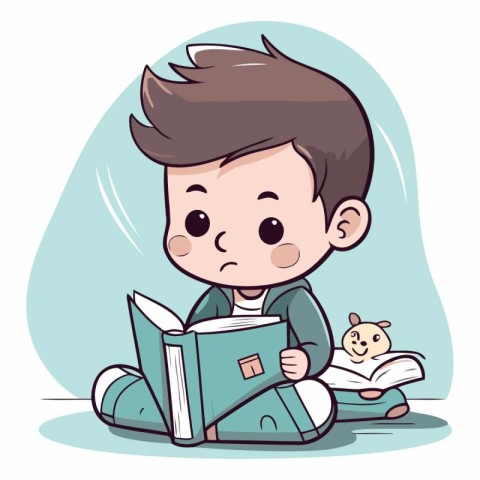 Cute little boy reading a book in cartoon style.