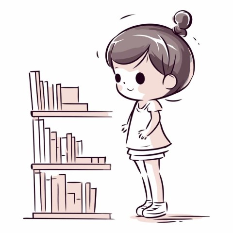 Illustration of a Cute Little Girl Looking at Shelf with Books