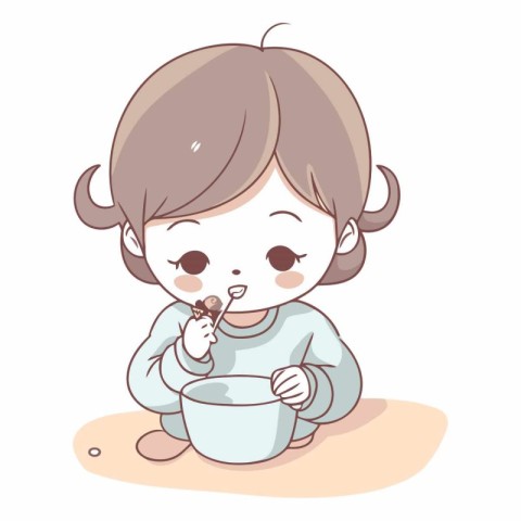 Illustration of a Cute Little Girl Eating a Bowl of Milk