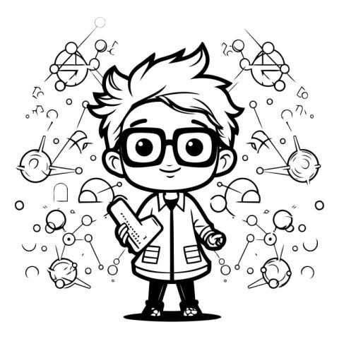 Scientist boy with science icons. Black and white vector illustr