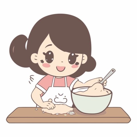 Illustration of a Cute Little Girl Baking in the Kitchen