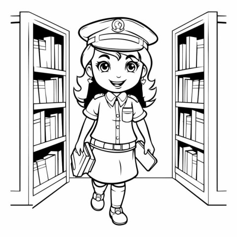 Black and white illustration of a girl in a school uniform holdi