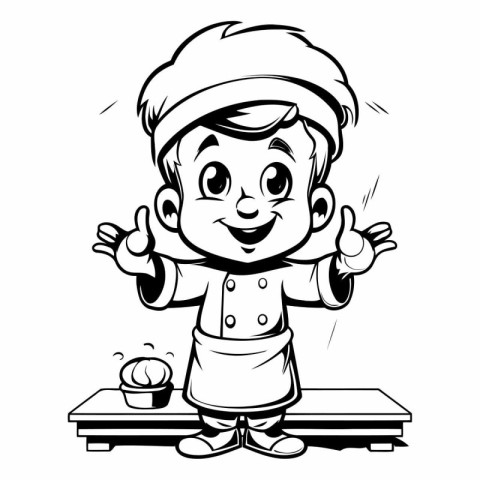 Chef - Black and White Cartoon Illustration of a Cute Little Boy