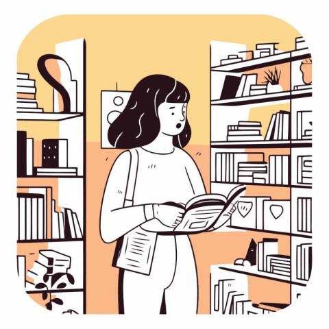 Vector illustration of a woman reading a book in the library. Gi