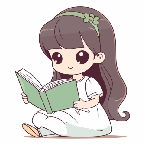 Cute little girl reading a book in cartoon style.