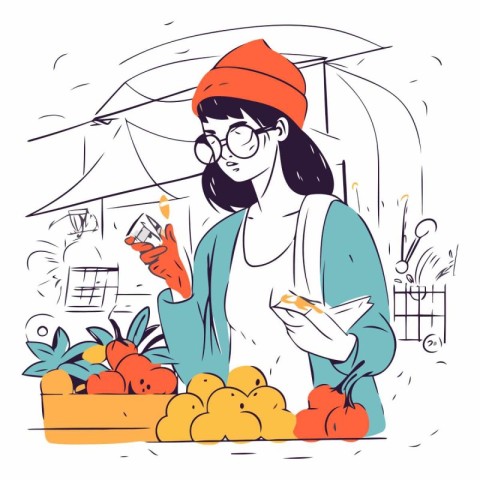 Vector illustration of a woman shopping in the market. The girl