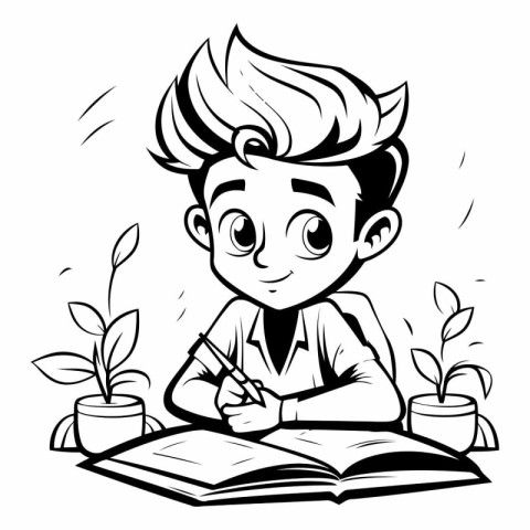 Boy doing homework. Black and white vector illustration for colo